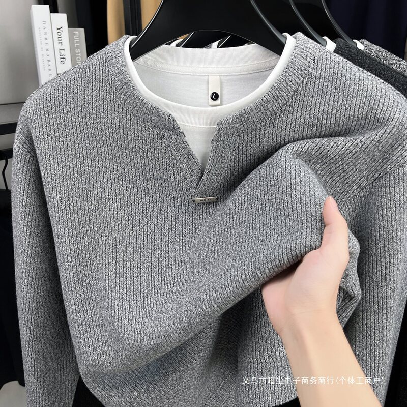 Woodpecker Double-Layer Collar Faux Two-Piece Sweatshirt for Men, Fleece-Lined and Thickened, Korean Style Casual Knit T-Shirt, Men's Pullover Top