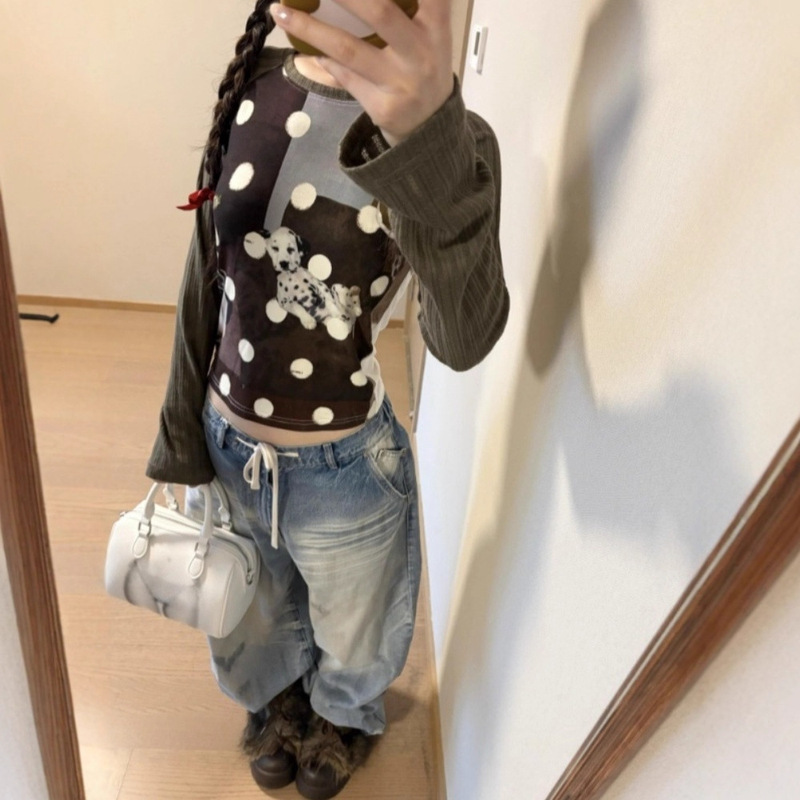 American Retro Dalmatian Print Right Shoulder Long-Sleeved T-Shirt for Women Autum New Slimming Look Sweet Sexy Top Trendy