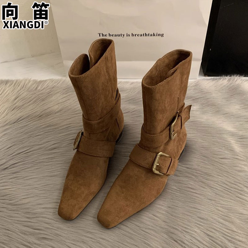 牛反绒法式小短靴女2025秋冬季新款西部牛仔靴粗跟中筒靴子骑士靴|undefined