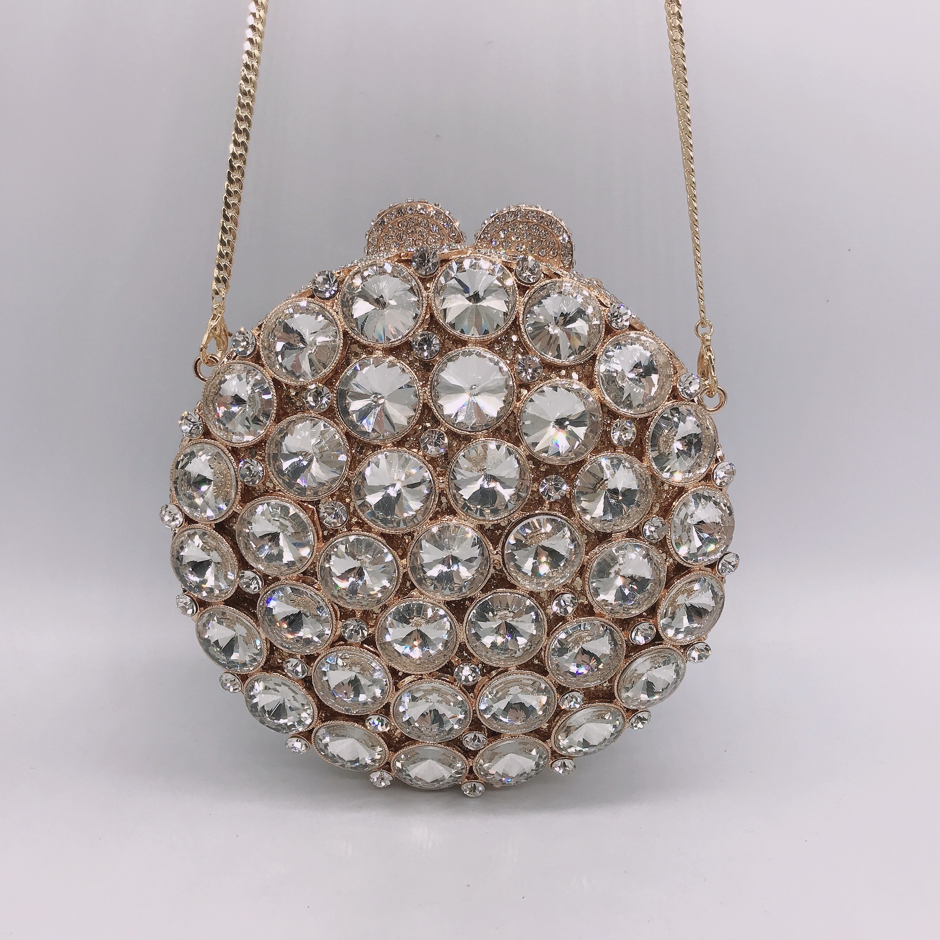 Nuevo paquete de cena de cristal redondo transfronterizo con diamantes bolsas tridimensionales bolsas de banquete europeas y estadounidenses con diamantes completos bolsas de mano clutch new