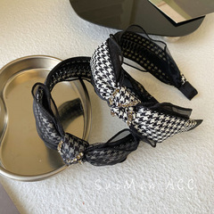 韓版女網紗千鳥格蝴蝶結髮箍輕奢風鑲鑽頭箍氣質港風寬邊發捆女