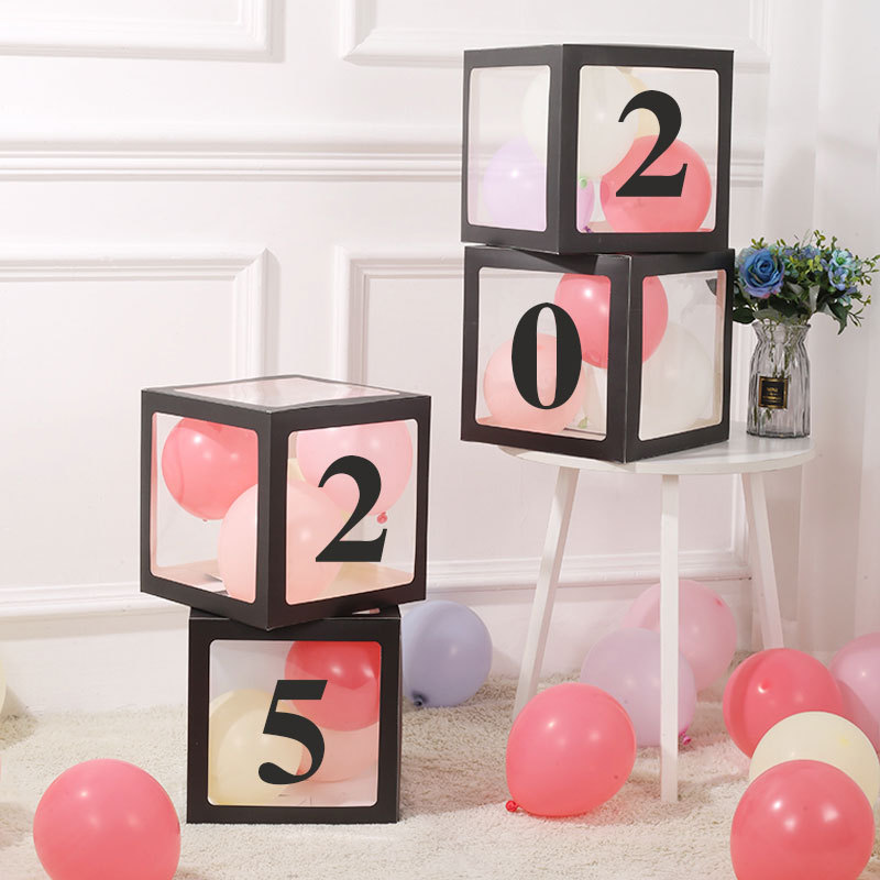 Caja de globos negra GRAD para la temporada de graduación 2025, diseño de escena de fiesta transfronterizo de Amazon, venta al por mayor de cajas de globos.