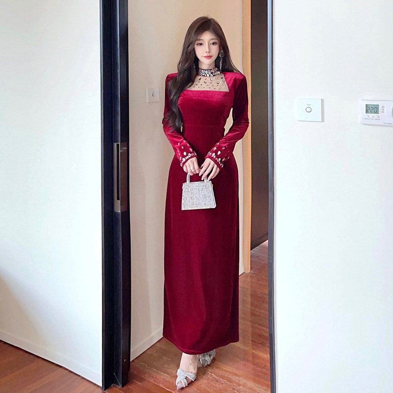 4032 European and American Cross-Border Export Women's Clothing Southeast Asia Heavy Beaded Dress Gold Velvet Slit Mid-Length Dress
