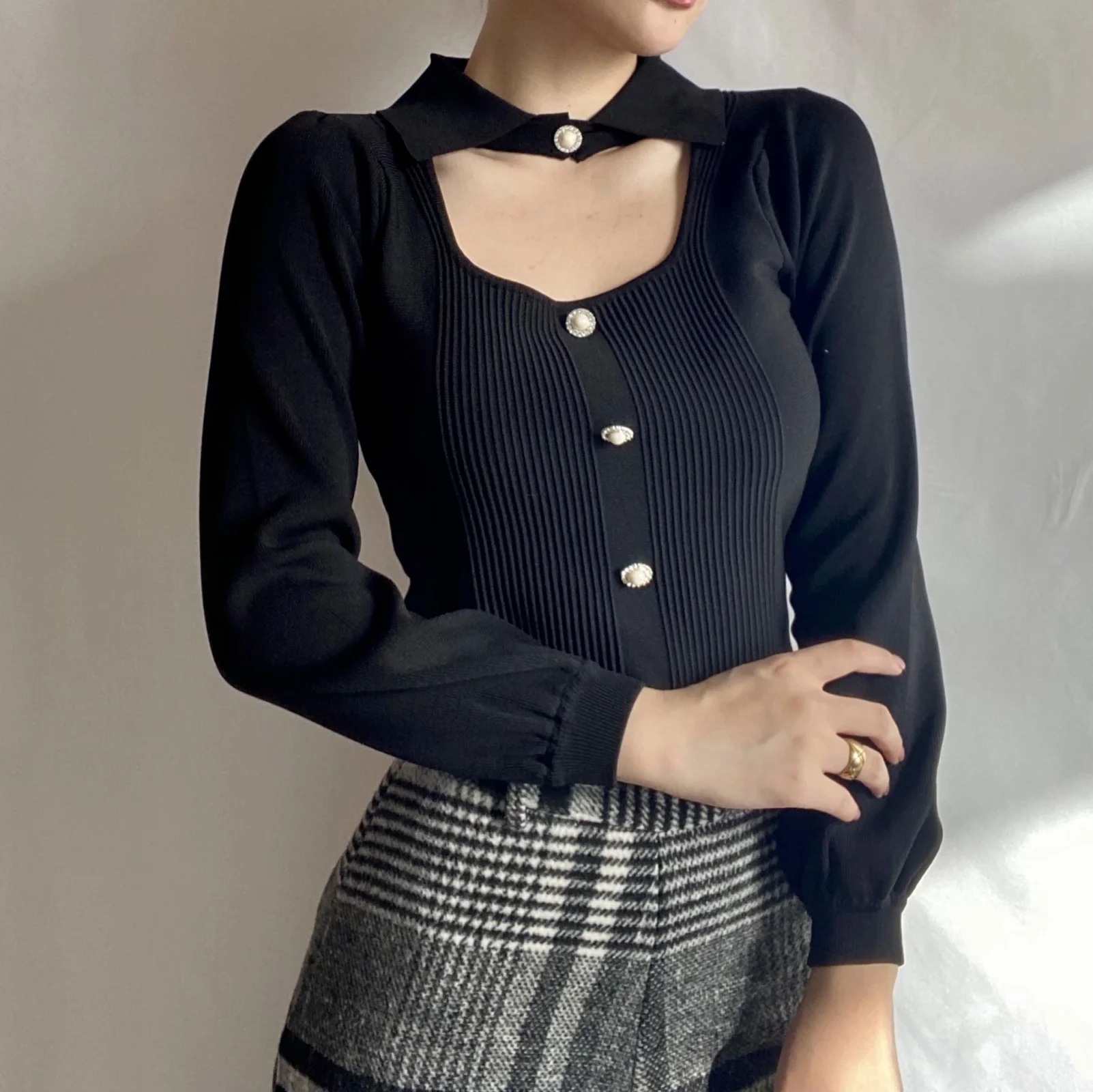 retro lapel hollow long-sleeved sweater NSAC30007