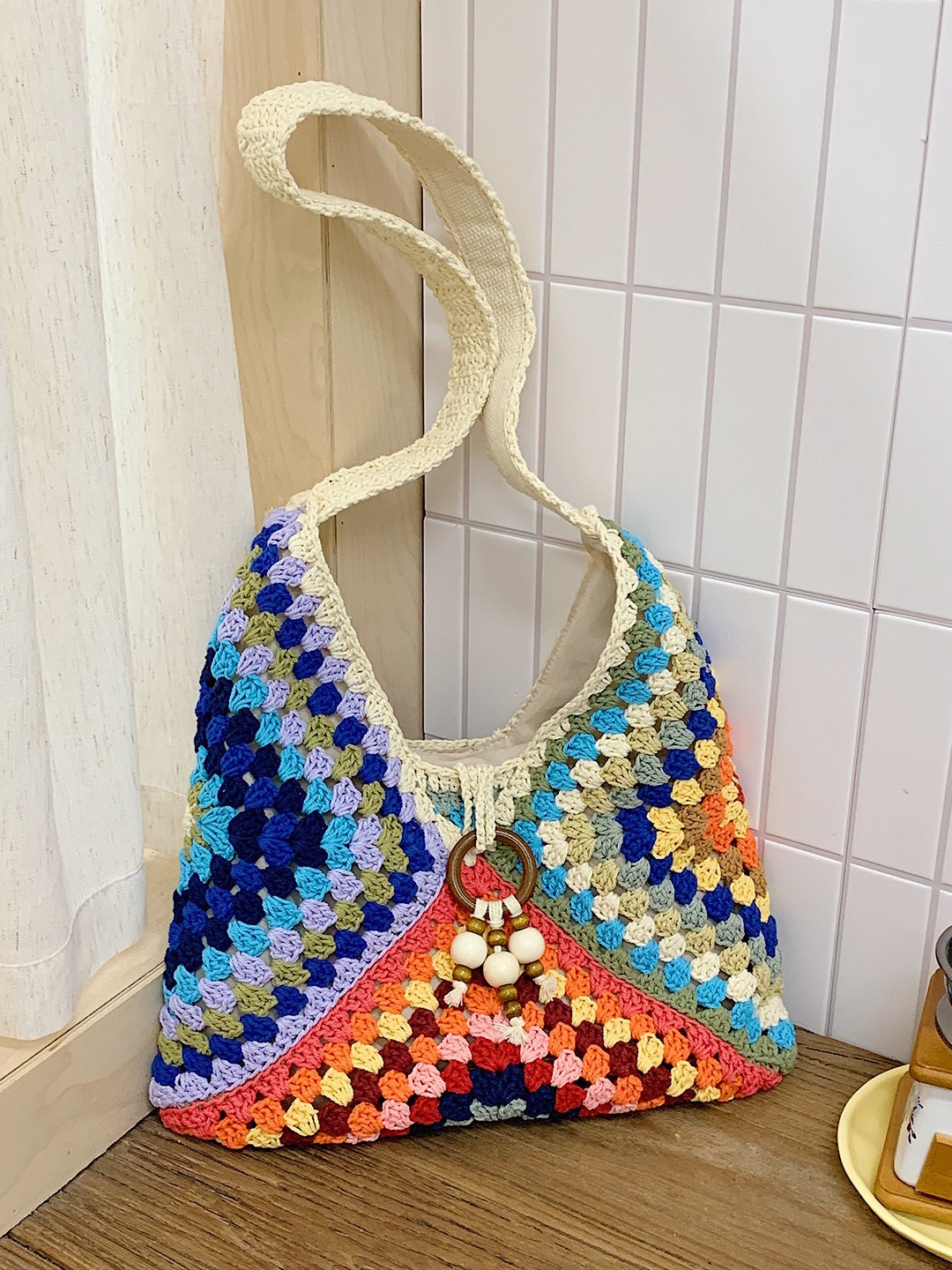 Ethnic straw beach bag one shoulder with zipper