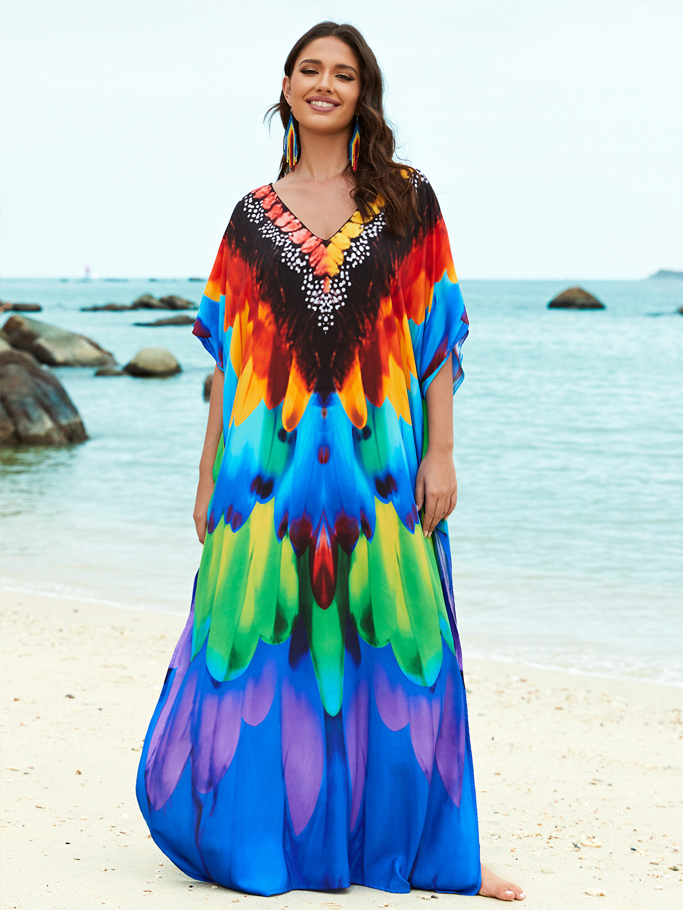 Rochie de plajă lungă kimono dama boho viscoză tie-dye_voghion.com
