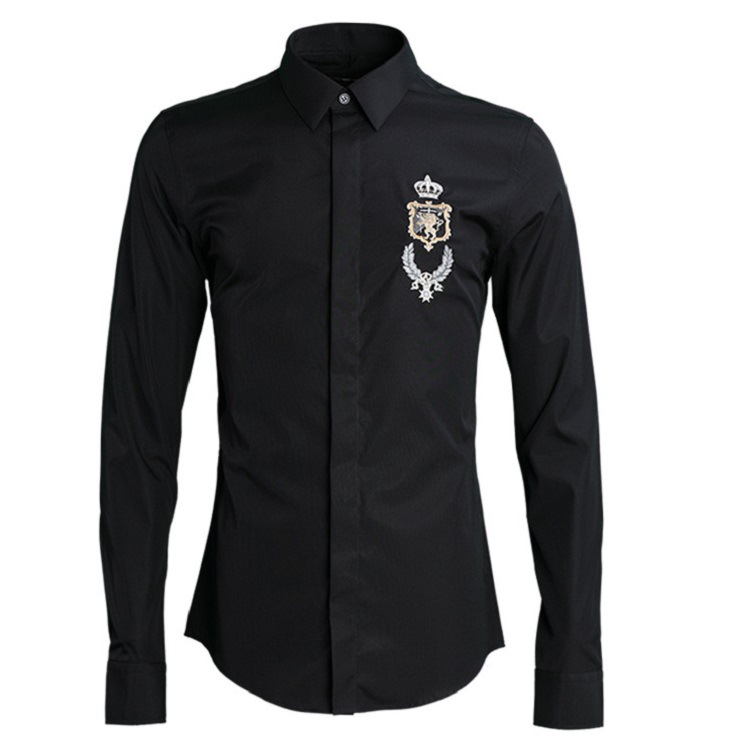 新款跨境欧美风勋章男式衬衫长袖绣花高档时尚修身衬衣男一件代发