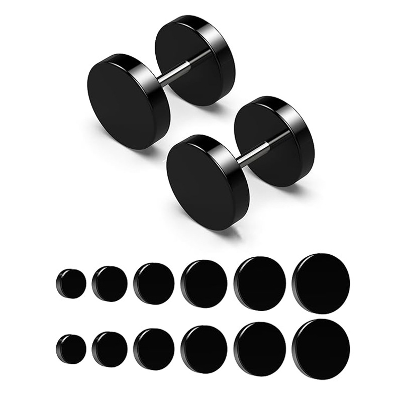 Cross-Border Hot Selling 304 Stainless Steel Barbell Inner Spiral Earrings Men's Personalized Punk Style I-Shaped Round Cake Earrings Wholesale