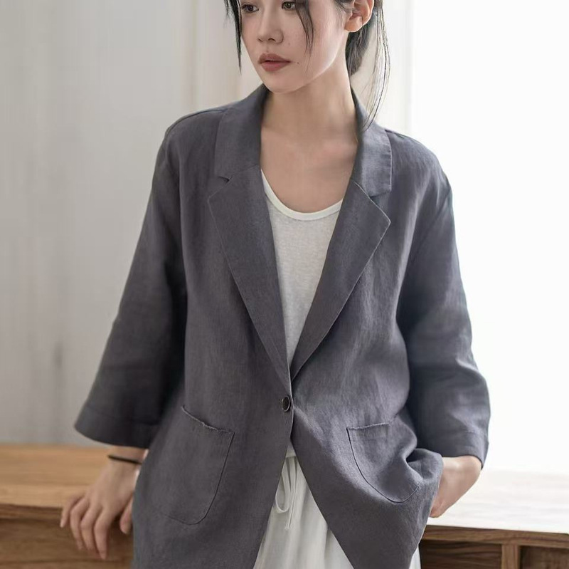 2026 New Style Women's Pure Linen Mid-Sleeve Loose Casual Korean Style College Style Jacket Top Suit 2026 New Style Women's Pure Linen Mid-Sleeve Loose Casual Korean Style College Style Jacket Top Suit