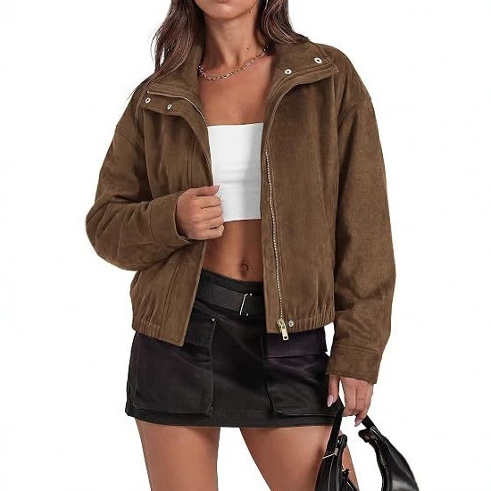 2026 Cross-Border Foreign Trade Women's Clothing European and American Street Fashion Lightweight Faux Suede Aviator Collar Jacket