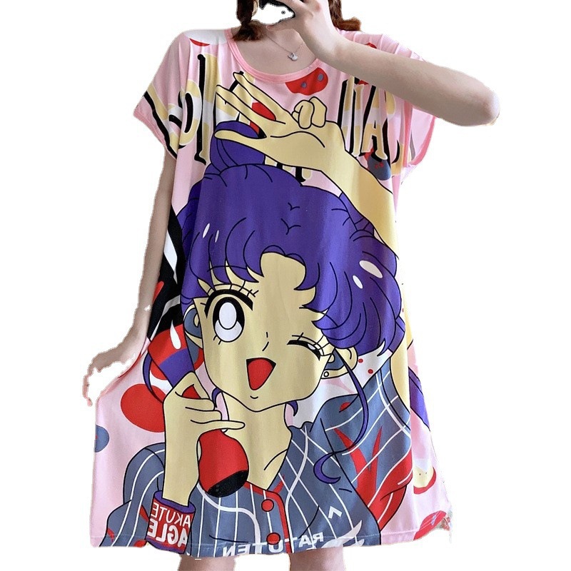 Sudeste asiático barato camisón flojo de las mujeres más tamaño Delgado verano dibujos animados manga corta pijamas inicio desgaste camisón puesto