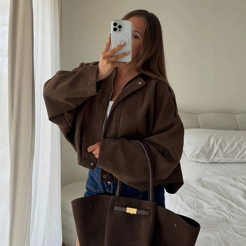 【Customizable】Women's Street Style Casual Jacket with Stand Collar, Long Sleeves, Zipper, Loose Fit, Vintage Style 【Customizable】Women's Street Style Casual Jacket with Stand Collar, Long Sleeves, Zipper, Loose Fit, Vintage Style