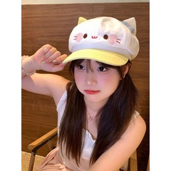 可爱卡通小猫耳朵贝雷帽女甜美百搭八角帽大头围显脸小画家帽子潮