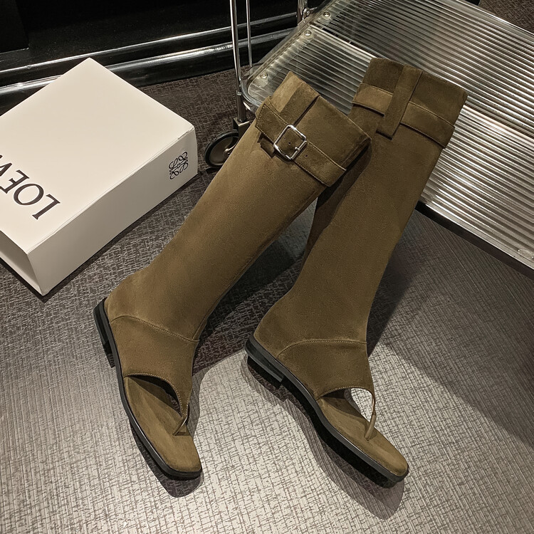 Boot nữ cổ cao ôm bắp chân da thật phong cách miền Tây — mơ, nâu chi tiết 75
