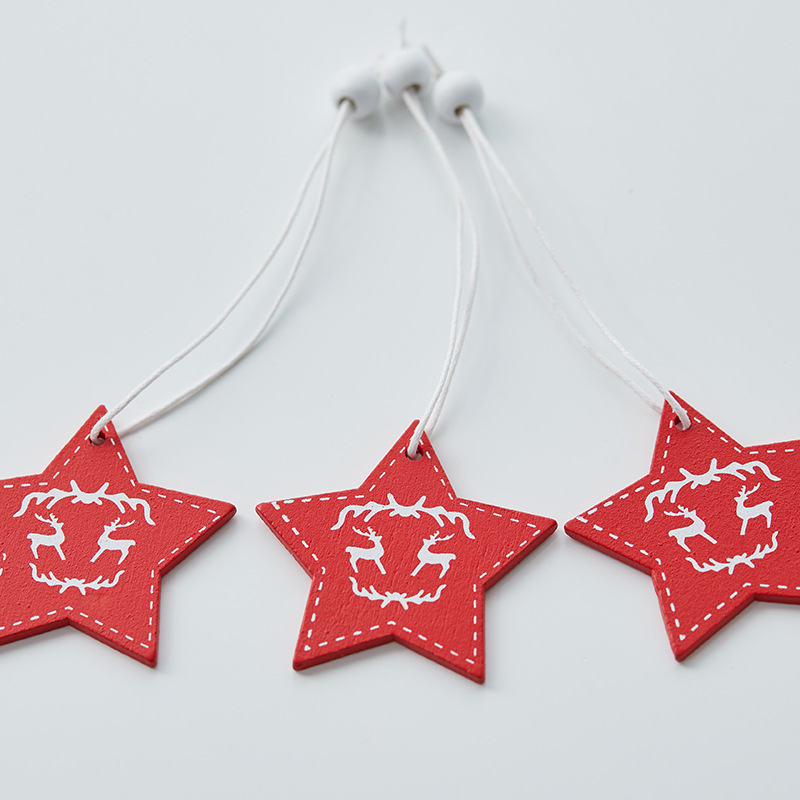 Colgante pequeño en caja de madera transfronteriza Árbol de Navidad Colgante rojo Navidad nórdica Copo de nieve Colgante de madera de alce de cinco estrellas