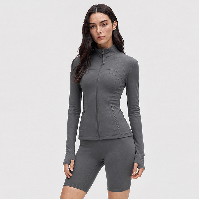 Ropa de yoga para mujer, cuello alto, cremallera, top deportivo de manga larga para correr, chaqueta elástica ajustada con tacto suave.