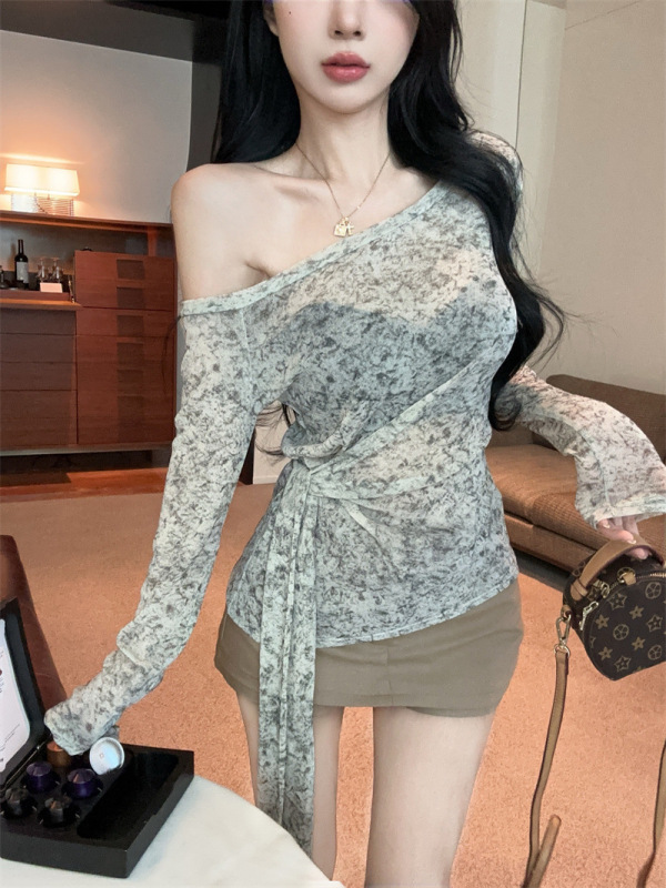 不规则斜肩长袖t恤女秋季辣妹一字肩绑带收腰上衣巨好看防晒罩衫|undefined