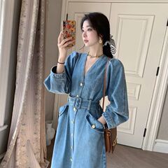 牛仔连衣裙子女装2025春秋新款欧货胖mm显瘦高级感法式A字长裙子