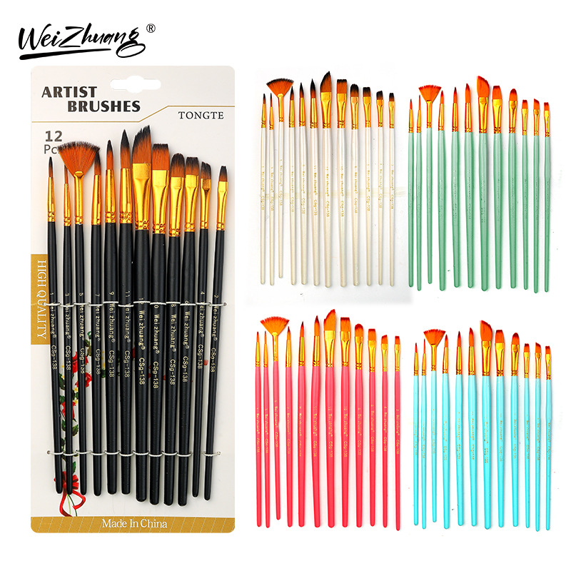 跨境新款双色尼龙毛12支画笔套装水粉笔国画工笔画勾线美甲笔