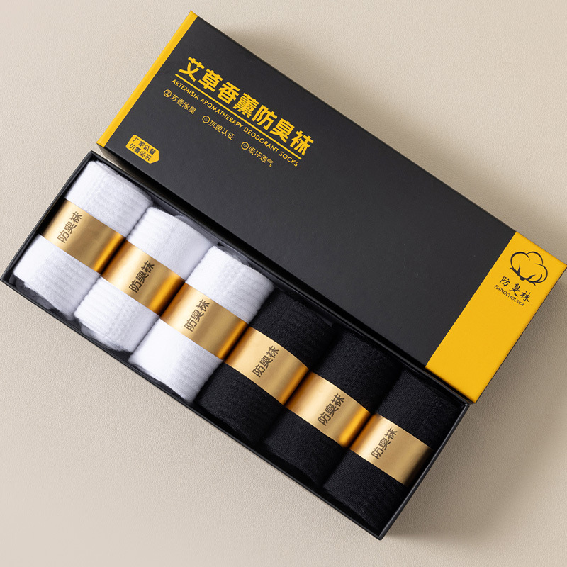 [남성용 짧은 튜브] 선물 상자에 6쌍, 흰색 3개, 검정색 3개