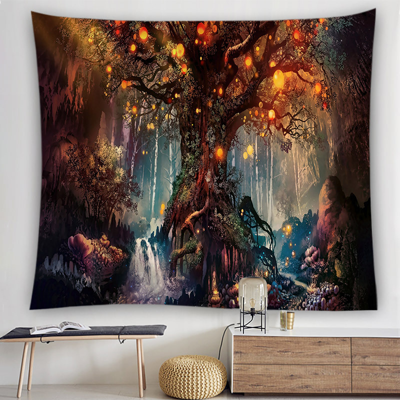 新品北欧ins曼陀罗大树蘑菇海浪挂毯风景出租屋卧室床头背景布