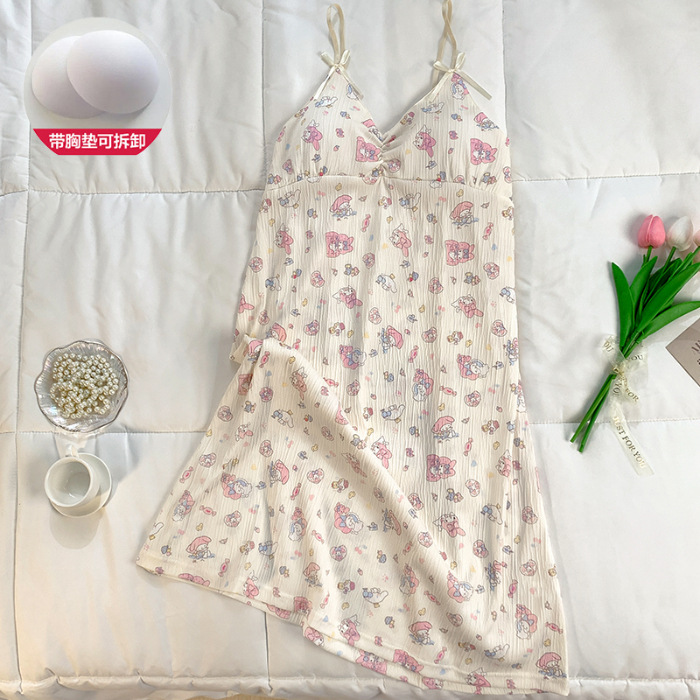 Verano nuevo estilo dulce amor camisón falda media femenina con almohadilla en el pecho lindo algodón imitación pliegue tirantes hogar camisón delgado