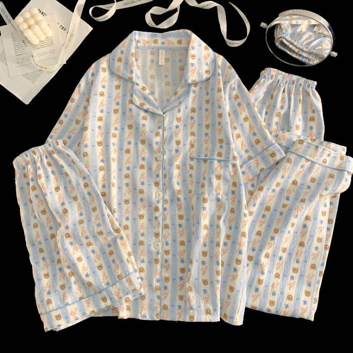 Venta al por mayor transfronteriza de tres piezas nube de algodón solapa cárdigan de dibujos animados pantalones de manga corta pantalones cortos ropa a domicilio traje de pijama de mujer