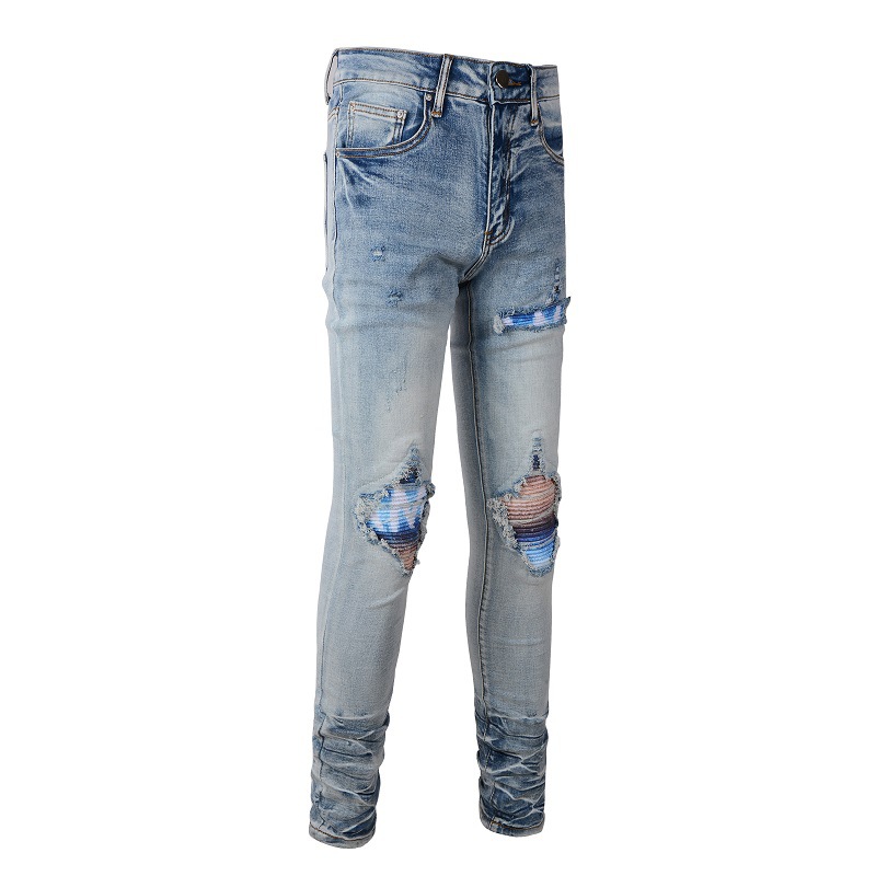 Herrenbekleidung im gleichen Stil, Katzenschnurrhaare, zerknitterte Farbe, Patchwork, Lederpatch, Loch, elastische Slim Fit-Röhrenjeans_voghion.com
