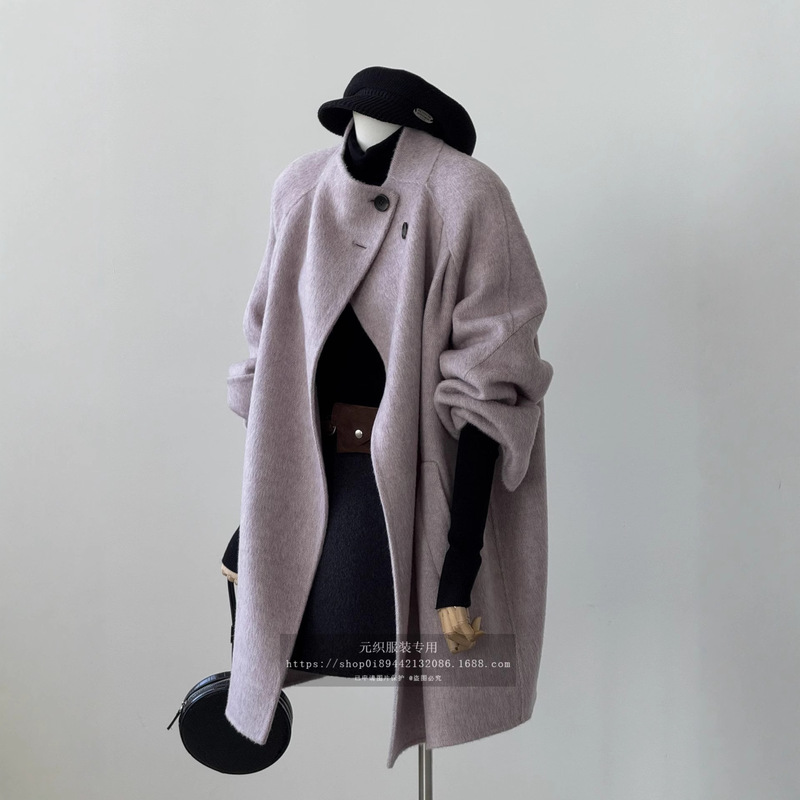 Korean Style Lazy Feeling Super Nice Purple Unique Wool Outwear Large Lapel Double-Sided Wool Elegant Outwear for Women