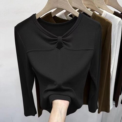 Bow-Knot Autumn/Winter Warm Base Layer Top for Women: Sleek, Thoughtfully Designed, Hollowed-Out Twist-Effect Long-Sleeve T-Shirt—A Fashionable Statement Piece for Her