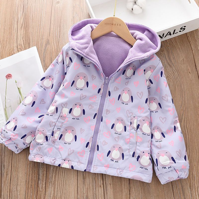 Children's autumn and winter reversible fleece-lined jacket, cartoon zip-up coat for boys and girls, suitable for toddlers and young children