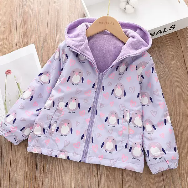 Children's autumn and winter reversible fleece-lined jacket, cartoon zip-up coat for boys and girls, suitable for toddlers and young children