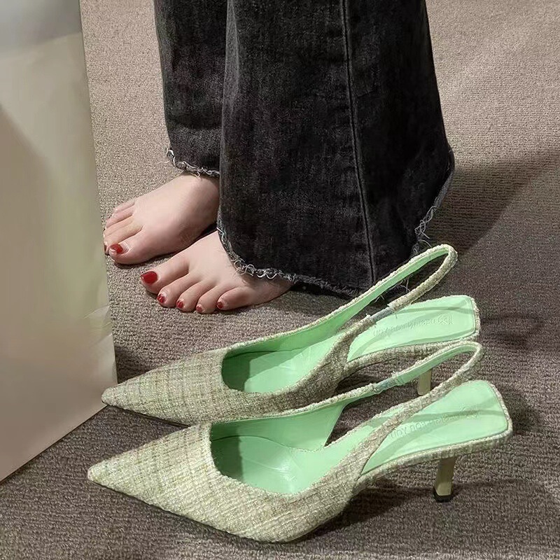 2023 New Large Size Design Sense Shallow Midi Sandals Women's Pointed High Heels Stiletto Heel Pointed Toe Rear Empty Sandals