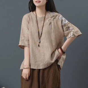 Cotton and Linen Tops for Women, Thin Summer Ethnic Style Embroider, Large Size Loose Literary Retro Chinoiserie Suit Women's T-Shirt