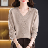 年青款100%羊毛针织衫时尚v领宽松毛衣秋冬羊毛衫中年女装妈妈装，女装针织衫/毛衣，妃慕昵服饰