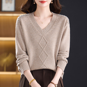 年青款100%羊毛针织衫时尚v领宽松毛衣秋冬羊毛衫中年女装妈妈装，女装针织衫/毛衣，妃慕昵服饰