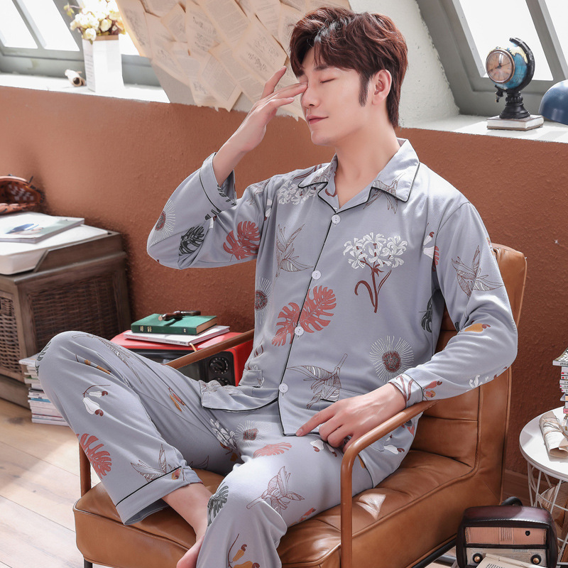 Pijamas de los hombres de manga larga de algodón de primavera y otoño delgada más el tamaño de prendas de vestir exteriores de los hombres pijamas de invierno homewear