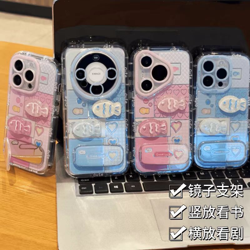 Blue Grids Fish Suitable for Huawei Pura70 Mobile Phone Case Feather Yarn Glory Oppo Bracket Vivo Apple 16 Xiaomi 15