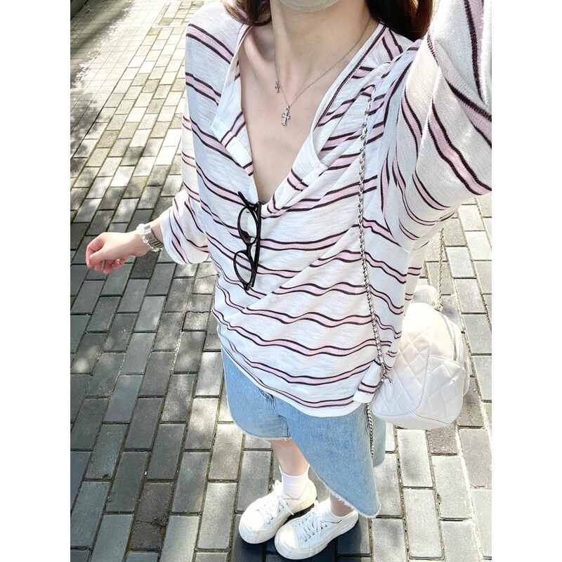 Relaxed Stripesd Half-Open Collar Casual Summer Sun Protection Shirt for Women Spring & Fall Blouse Chic Loose Long-Sleeved T-Shirt Top
