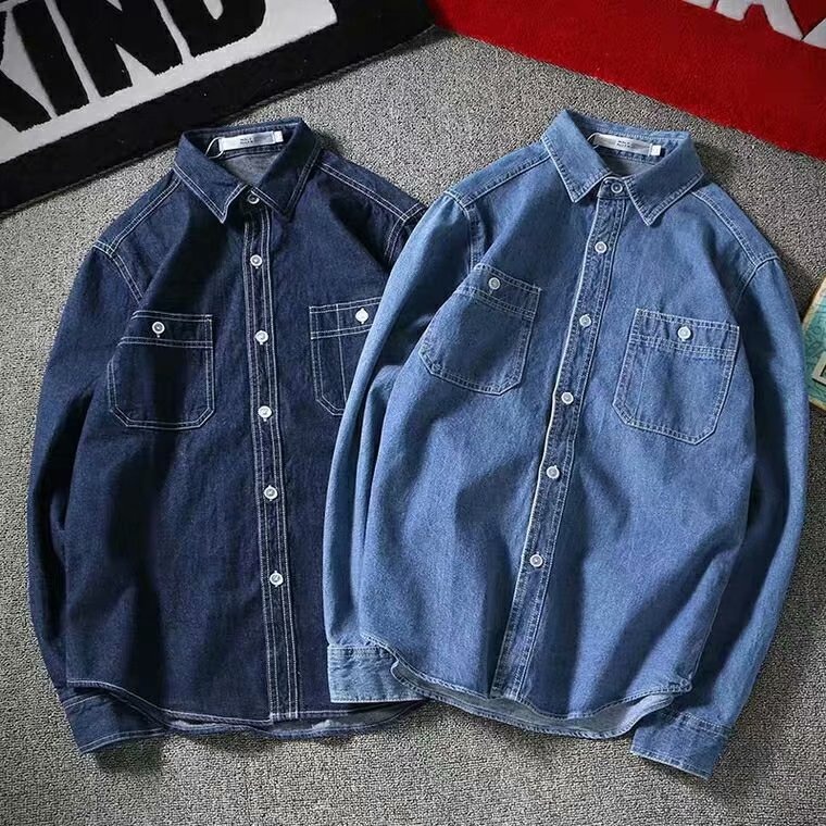Men's Korean style slim fit denim shirt for spring and autumn, long-sleeved couple shirt, trendy and handsome student thin jacket