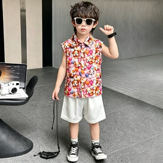 男童夏季无袖套装2026新款时尚宝宝度假风夏装帅气儿童短裤两件套