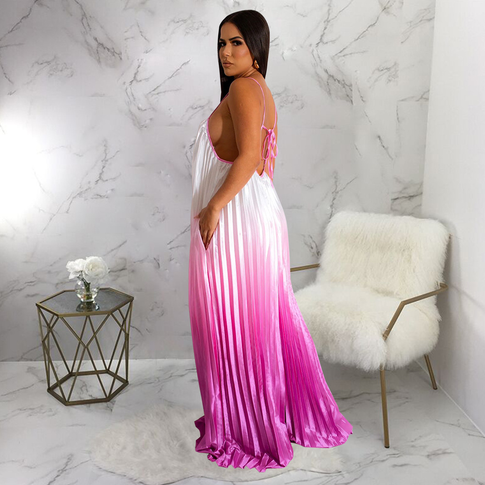 Women Clothing Sexy Deep V Plunge Sling Backless Wide Leg Pants Gradient Jumpsuit