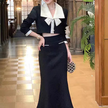 名媛风宴会礼服女黑色套装新款拼接翻领短款上衣+半身裙子