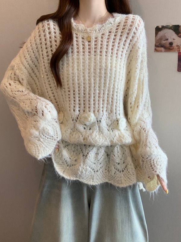 巨漂亮花朵镂空正肩针织衫女2025新款秋大码胖mm收腰显瘦毛衣上衣|undefined
