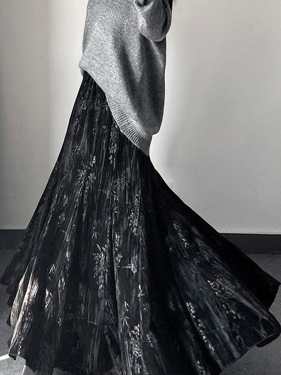 Black Printed Gold Velvet Chinese Style Retro New Chinese Style Skirt Women's Autumn and Winter Large Hem Fishtail Skirt Velvet Long Skirt