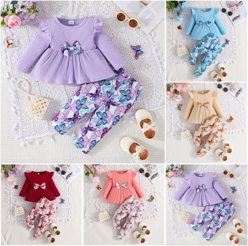 Exclusional transfronterizo-primavera y otoño bebé pit top de manga larga pantalones con estampado de mariposa traje de dos piezas casual bebé