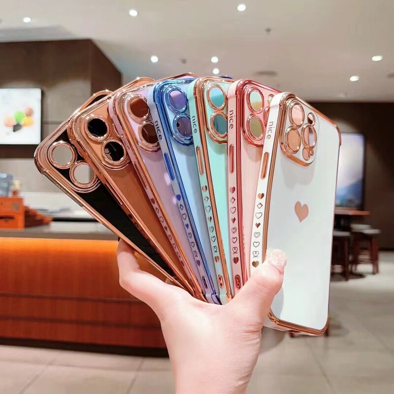 Apple 17Promax Electroplated Large Heart Phone Case Suitable for Iphone14 Four-Corner Anti-Fall 7/8P Protective Case Xr