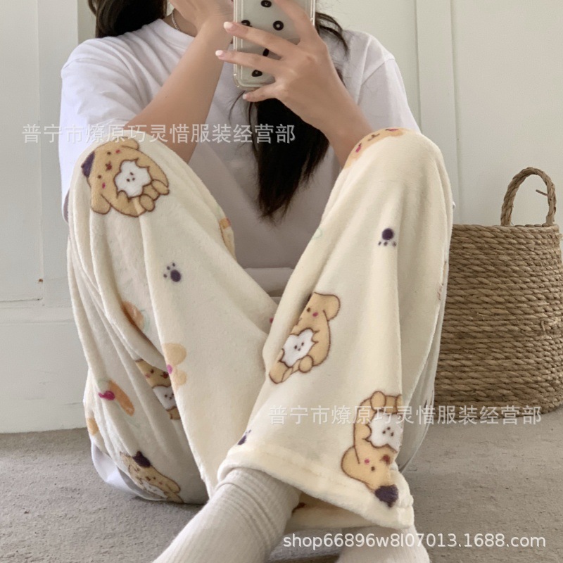Pantalones de pijama de franela de coral de dibujos animados, pantalones de pijama de hombre, pantalones de invierno de otoño de mujer, pantalones caseros