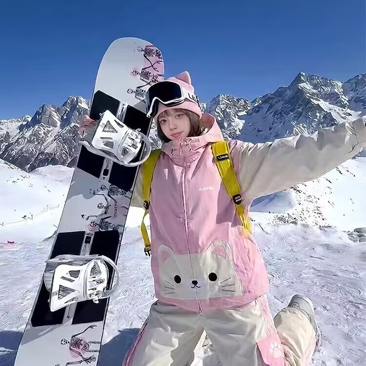 LDAB Pink Kitten Ski Suit for Women 2026 Autumn/Winter New Cute Windproof Waterproof Warm Snowboard Jacket
