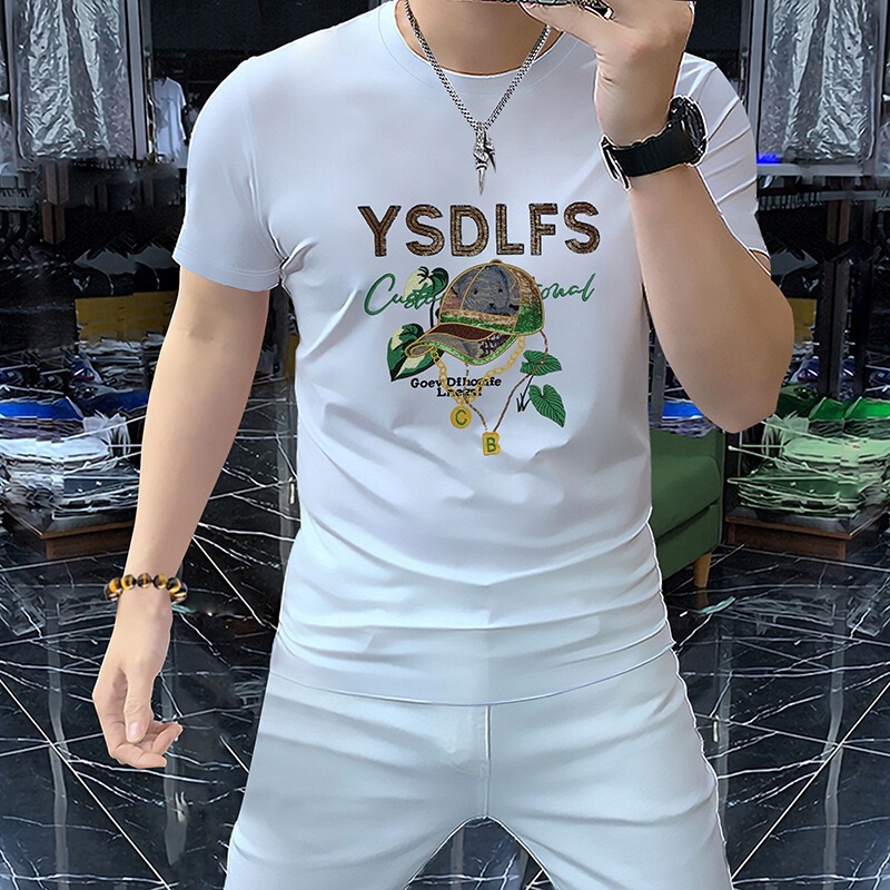 High-End Heavy-Duty Sequin Embroidery Hat, Silk-Gloss Cotton T-Shirt, Men's Short-Sleeve Crew Neck Shirt, New Summer Men's Fashion High-End Heavy-Duty Sequin Embroidery Hat, Silk-Gloss Cotton T-Shirt, Men's Short-Sleeve Crew Neck Shirt, New Summer Men's Fashion